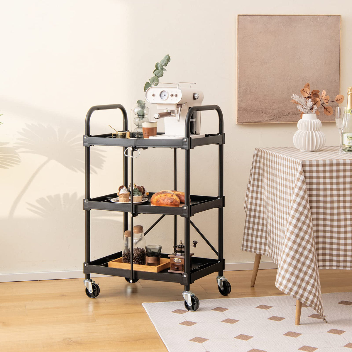 Folding Collapsible Service Cart, 3-Tier Fold Up Rolling Cart with Universal Wheels