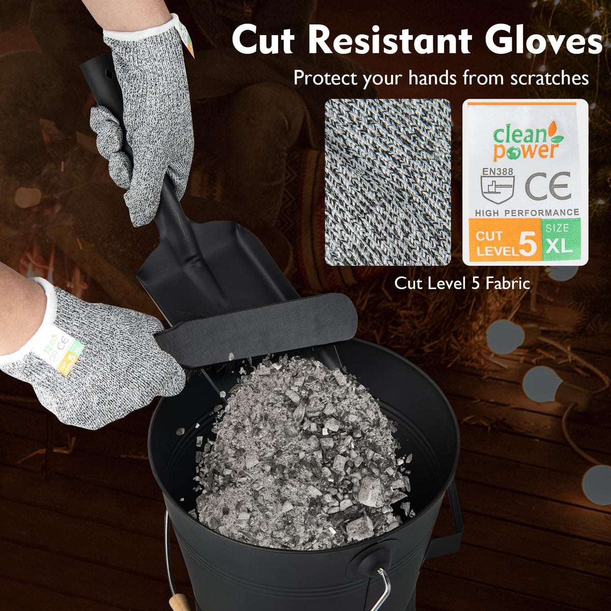 Fireplace Ash Can with Handle Gloves and Tools for Wood Burning Stoves