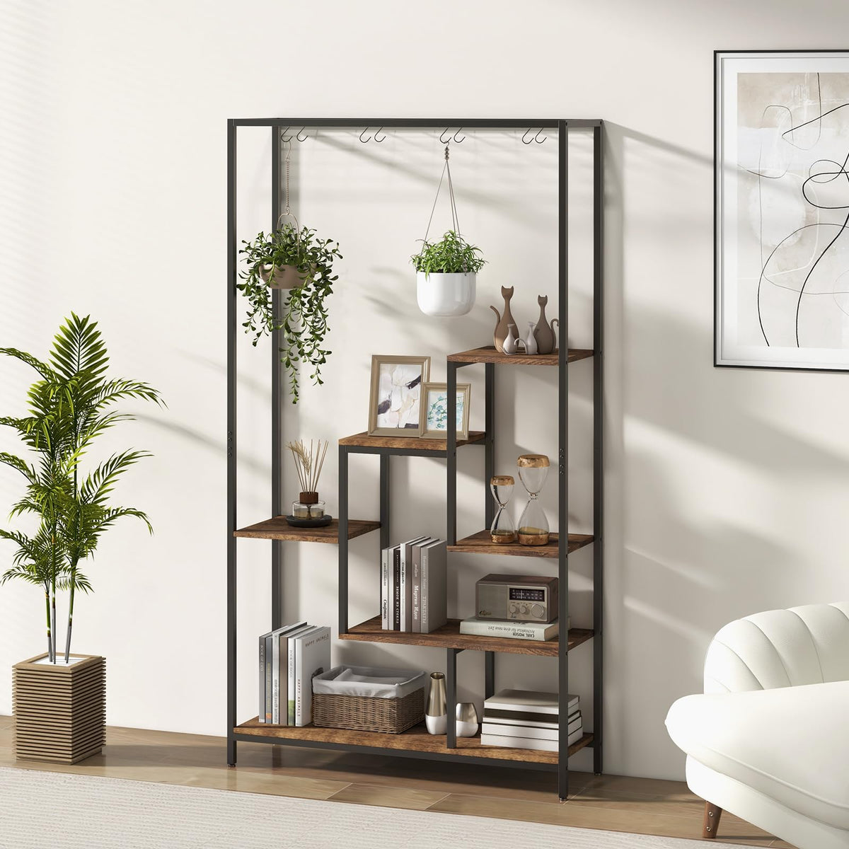 6-tier Tall Plant Stand, 180 CM Metal Indoor Plant Shelf w/ 10 Hanging Hooks & Wire Shelf for Multiple Plants