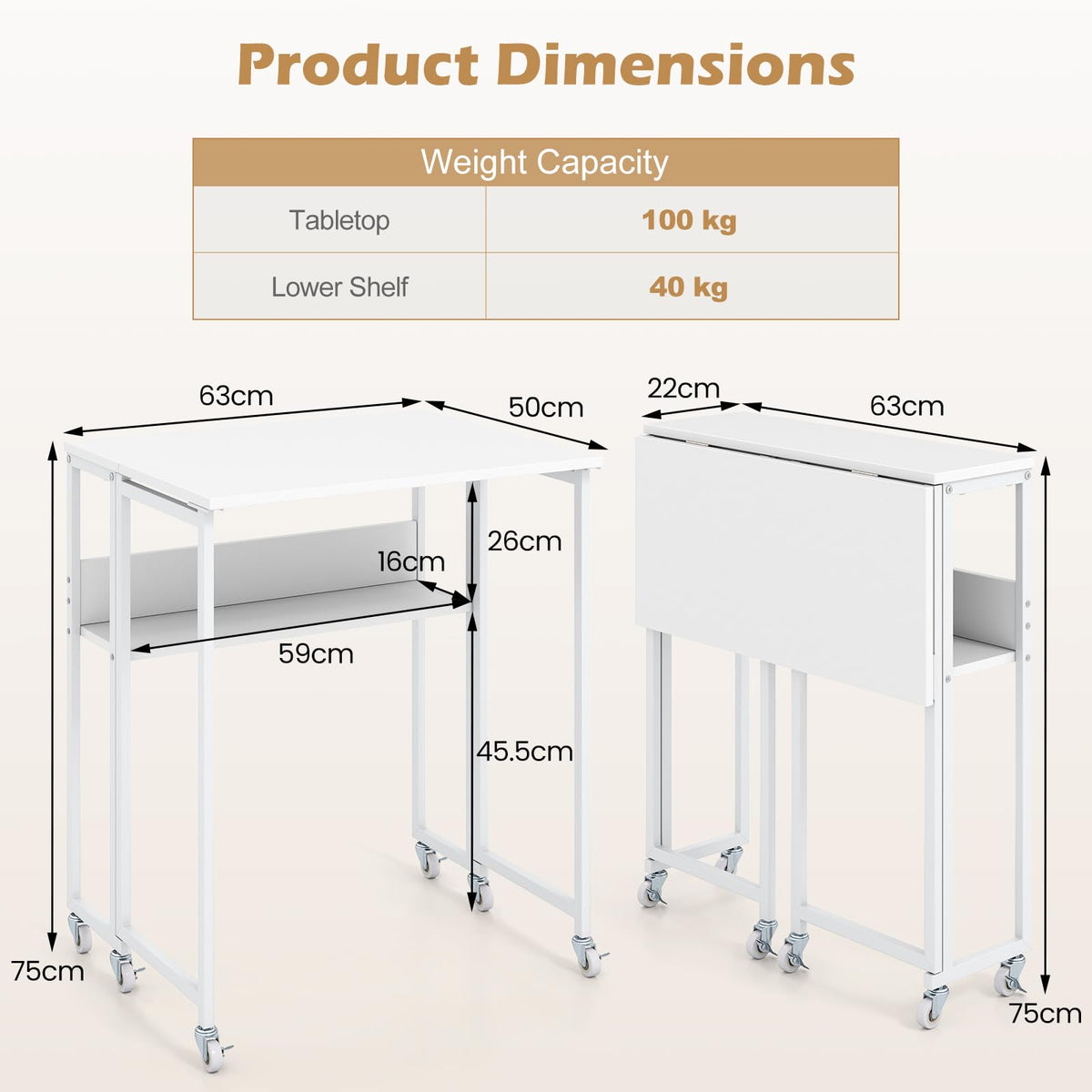 Giantex 63 cm Small Folding Desk with Smooth Rolling Wheels