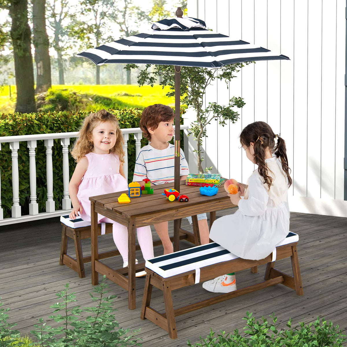 Kids Picnic Table and Bench Set, Toddler Wood Table Chairs w/Cushions