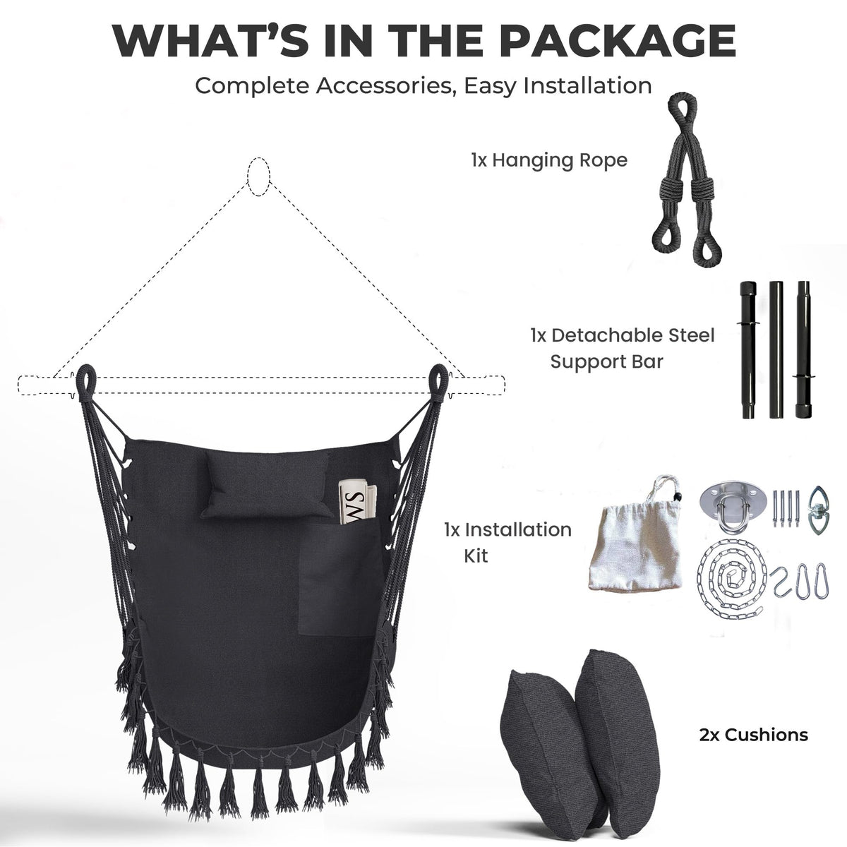 Hammock Swing Chair, Hanging Rope Swing w/Detachable Steel Bars, Side Pocket, Head Pillow & 2 Cushions