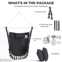 Hammock Swing Chair, Hanging Rope Swing w/Detachable Steel Bars, Side Pocket, Head Pillow & 2 Cushions