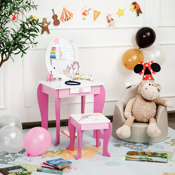 Kids Vanity Table and Chair Set with Mirror and Stool TOP 50 Bonus Trinkets Set