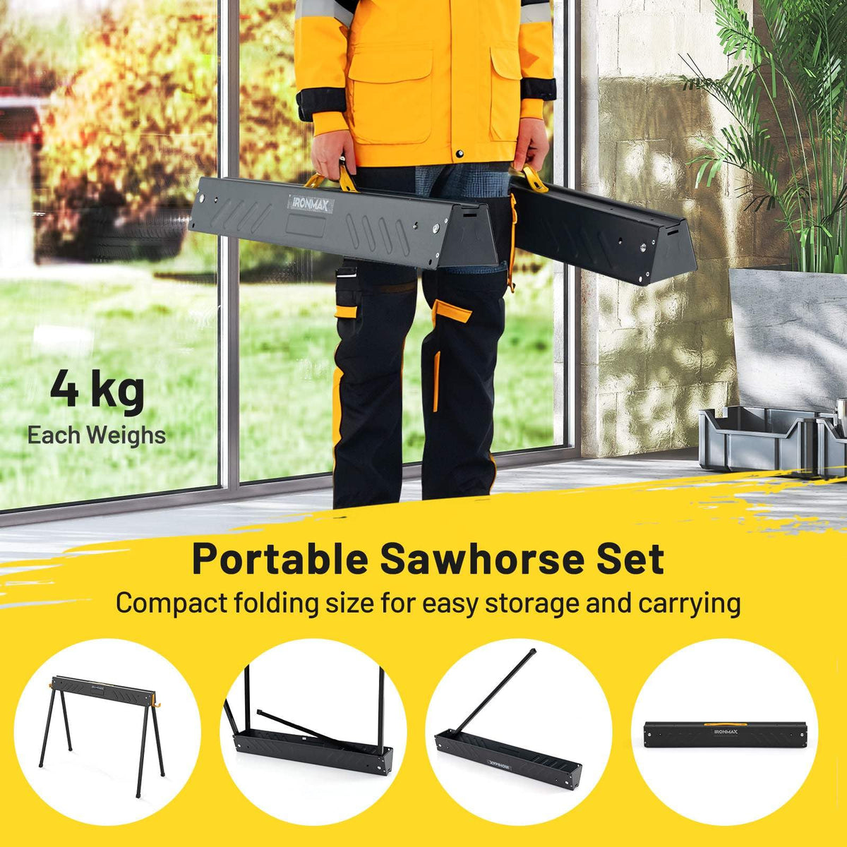 2-Pack Folding Sawhorses, Heavy-Duty Metal Saw Horses w/ 2 x 4 Supporting Arms