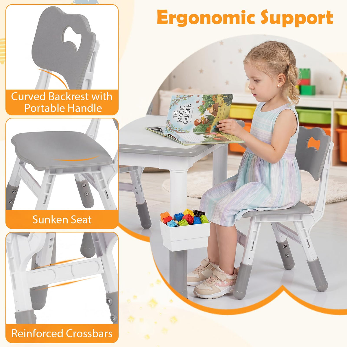 Kids Table and 4 Chairs Set, Height Adjustable Toddler Desk and Chair Set