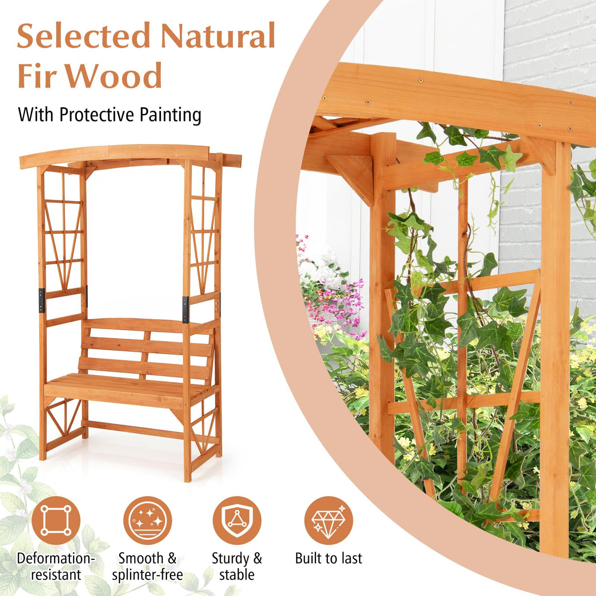 Giantex Garden Arbor with Bench - Wooden Garden Arch Trellis for Climbing Plants Vines