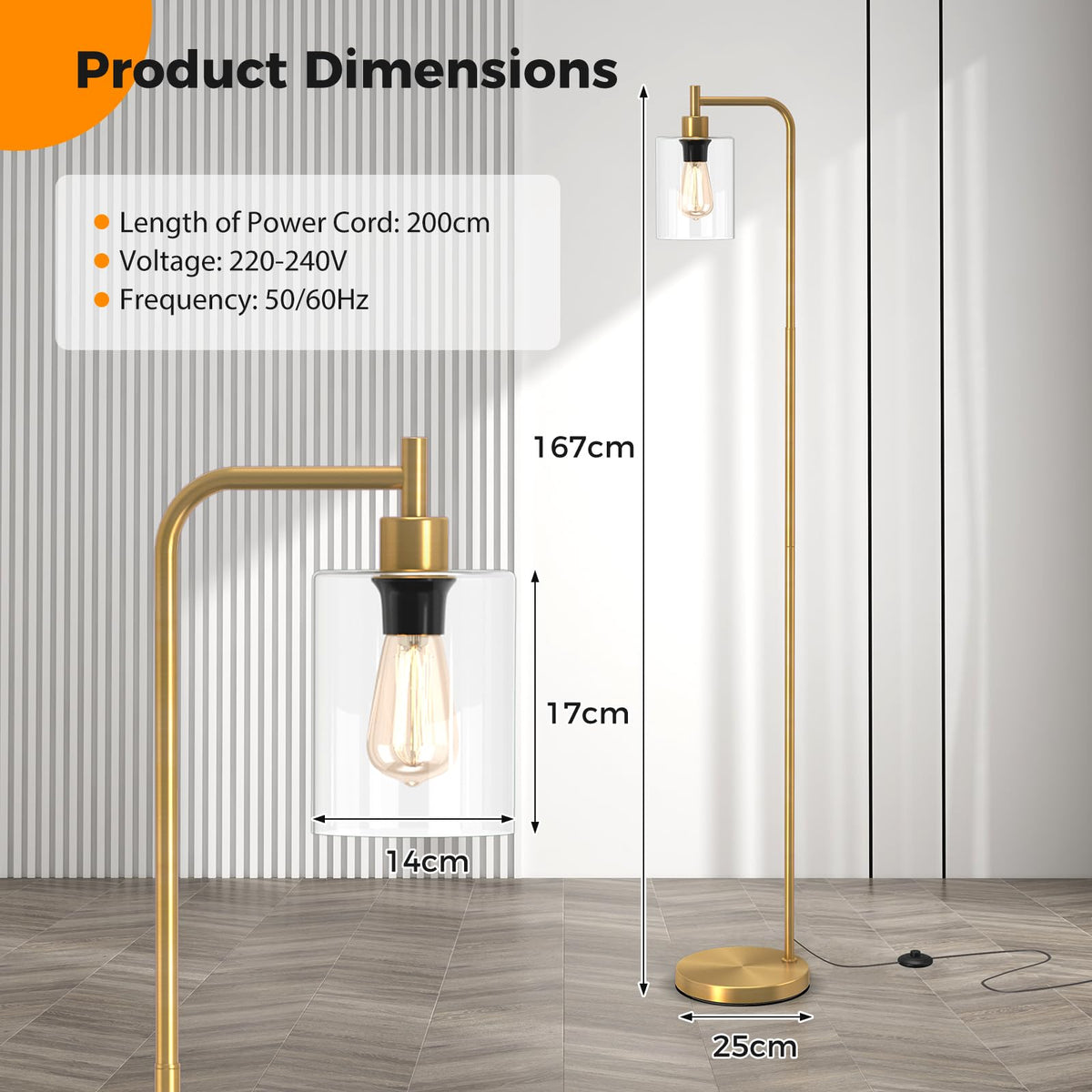 Industrial Floor Lamp with Hanging Glass Lampshade and Foot Switch