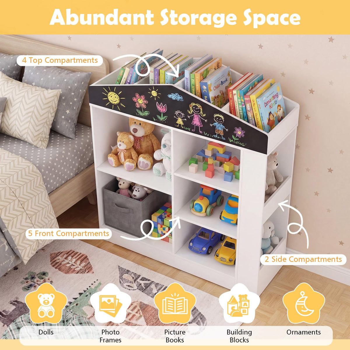 Kids Toy Storage Box House Shaped with Compartments and Chalkboard