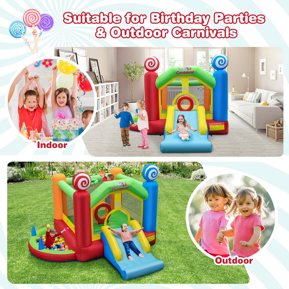 Kids Inflatable Bounce House, Candy Theme Jumping Castle w/Jumping Area with 680W Blower