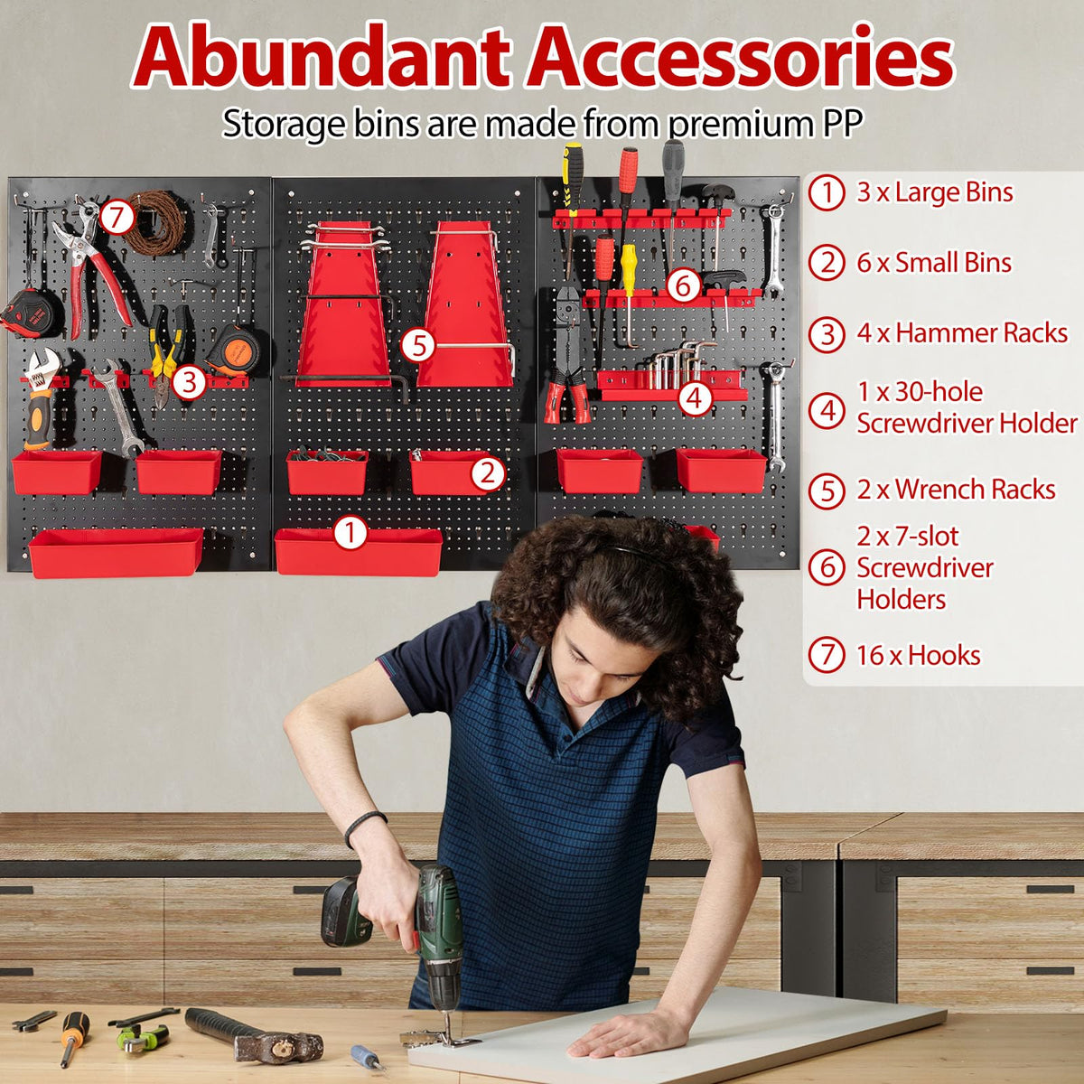 9-Bin Parts Rack Organizer with Tool Holders and Hooks