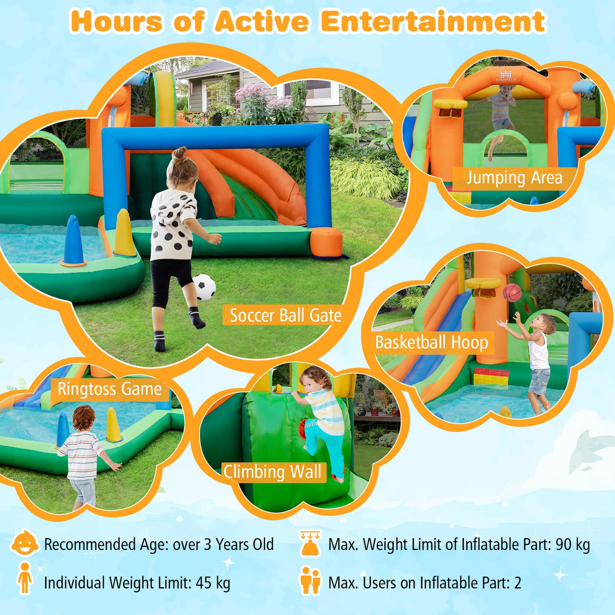 Inflatable Water Slide, Kids Water Park w/Long Slides, Splash Pools, Climbing Wall, Water Gun