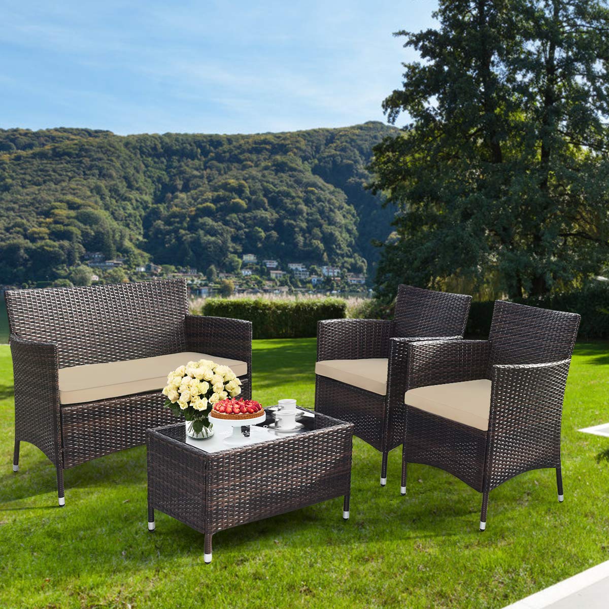 4PCS Outdoor Furniture Setting Garden Patio Wicker Dining Lounge Set Table Chair