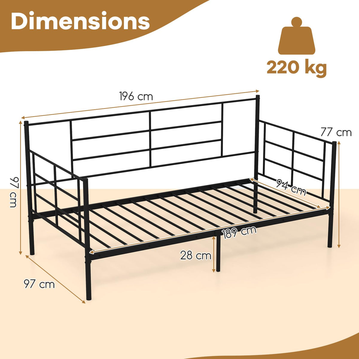 Single Daybed 2-in-1 Sofa Bed w/Arms & Back Metal Slat Support Living Room Black