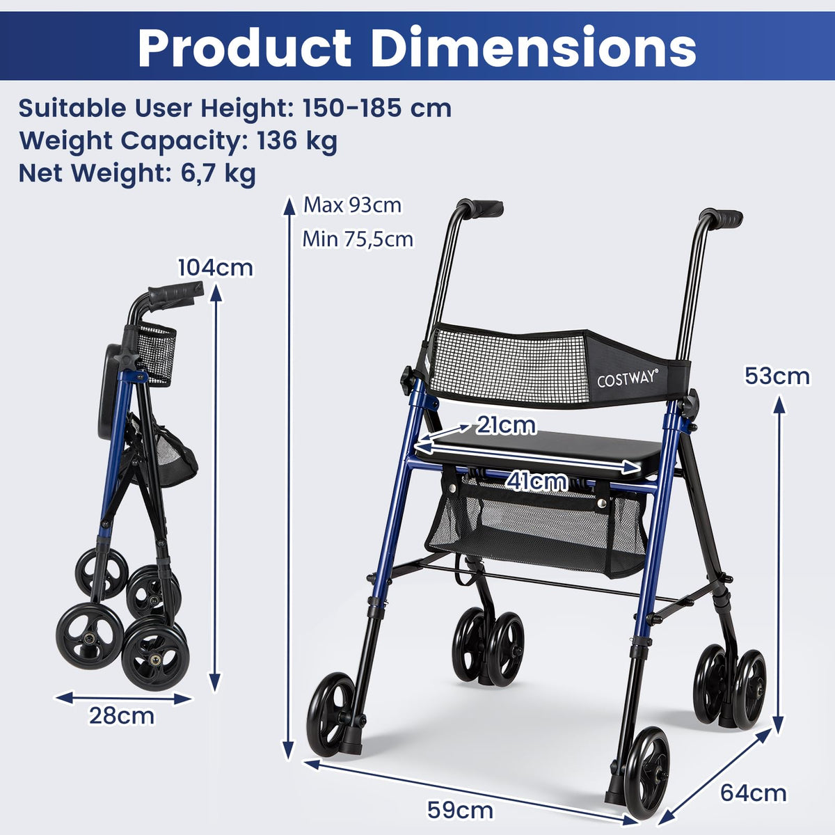 Rollator Walker with Seat, Foldable Mobility Walkers for Seniors w/8-Level Adjustable Handles