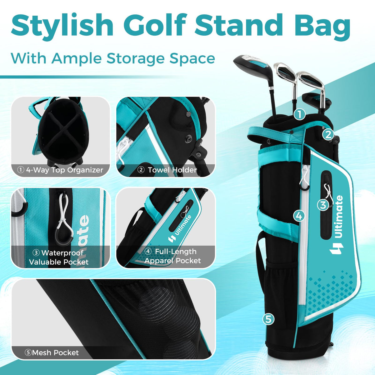 Junior Complete Golf Club Set, Golf Club Practice Set Lightweight Stand Bag w/Rain Hood, Right Hand