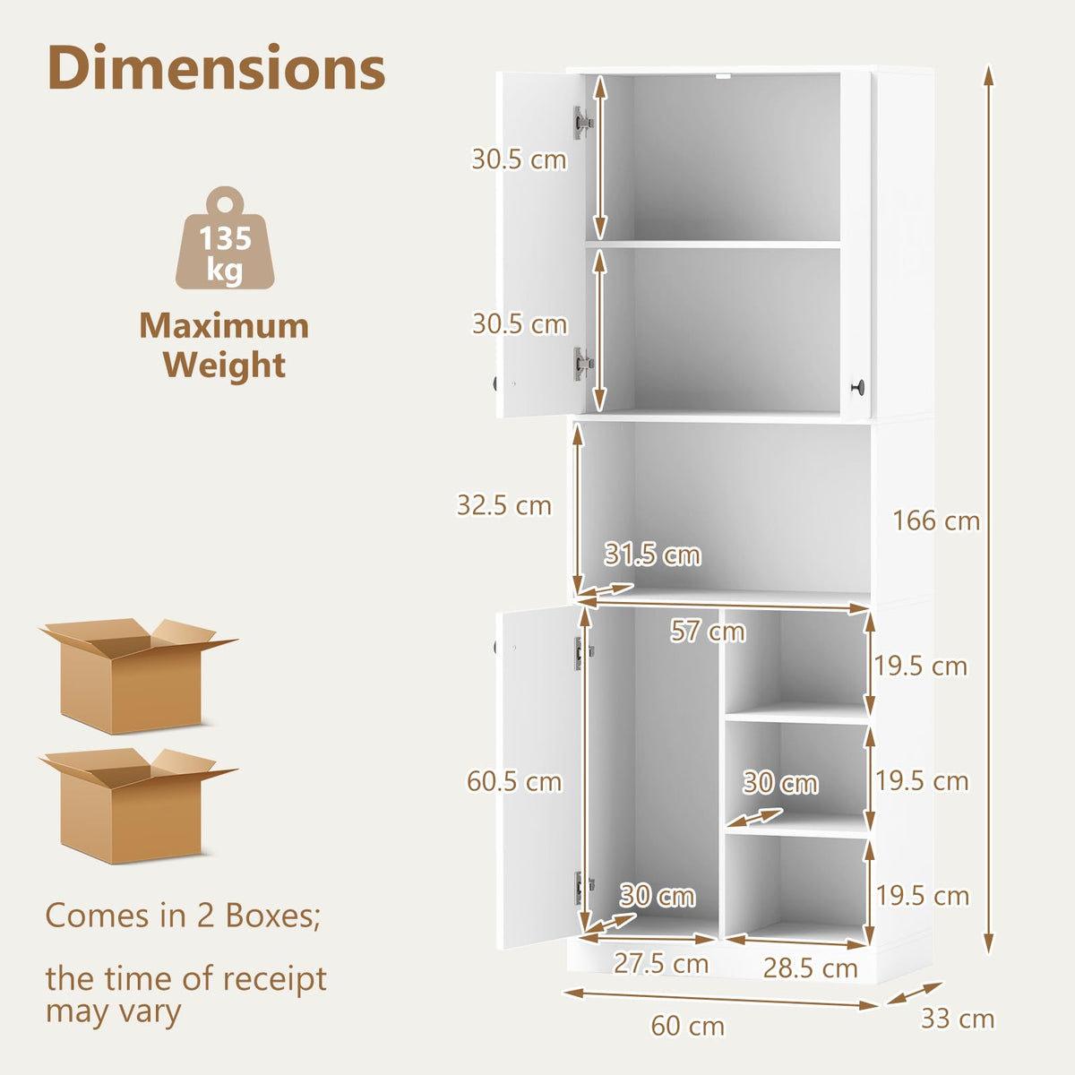 Kitchen Pantry Storage Cabinet 166 cm Tall Modern Hutch Cabinet w/ Open Shelves