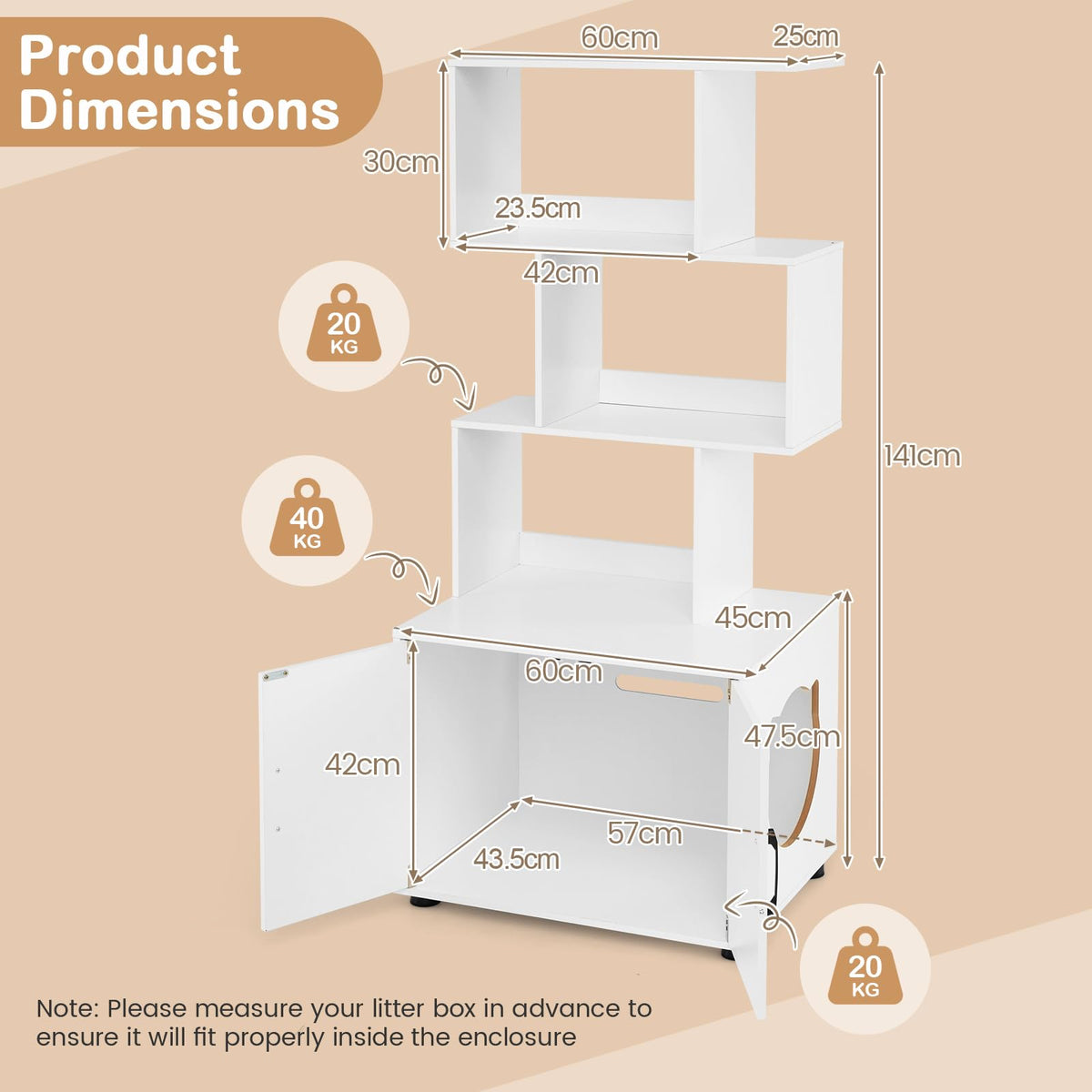 142 cm Tall 2-in-1 Cat Litter Box Enclosure w/Storage Pet House Corner Bookshelf