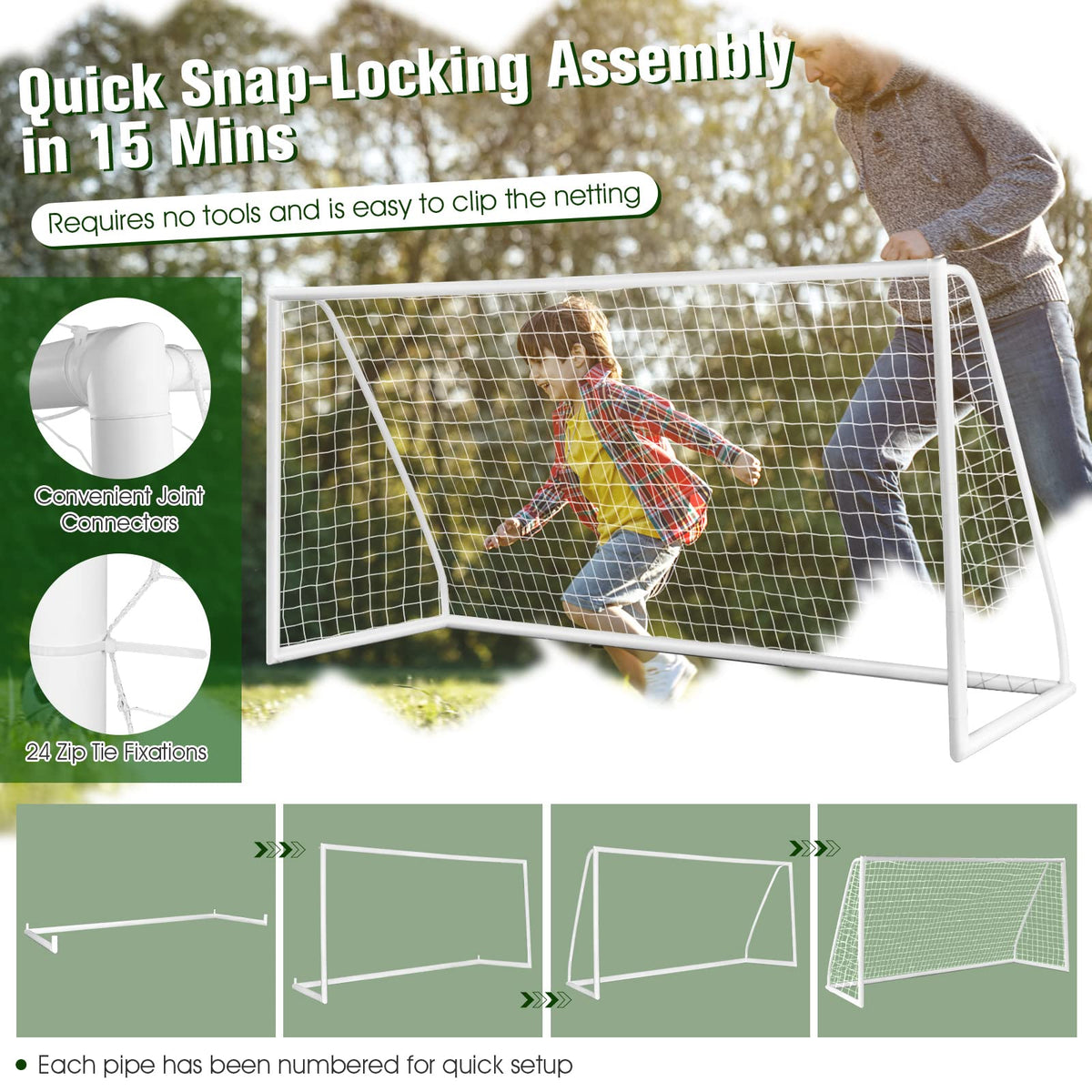 Soccer Goal All-Weather Soccer Goal W/Strong PVC Frame High-Strength Netting 6 Ground Pegs Easy Assembly