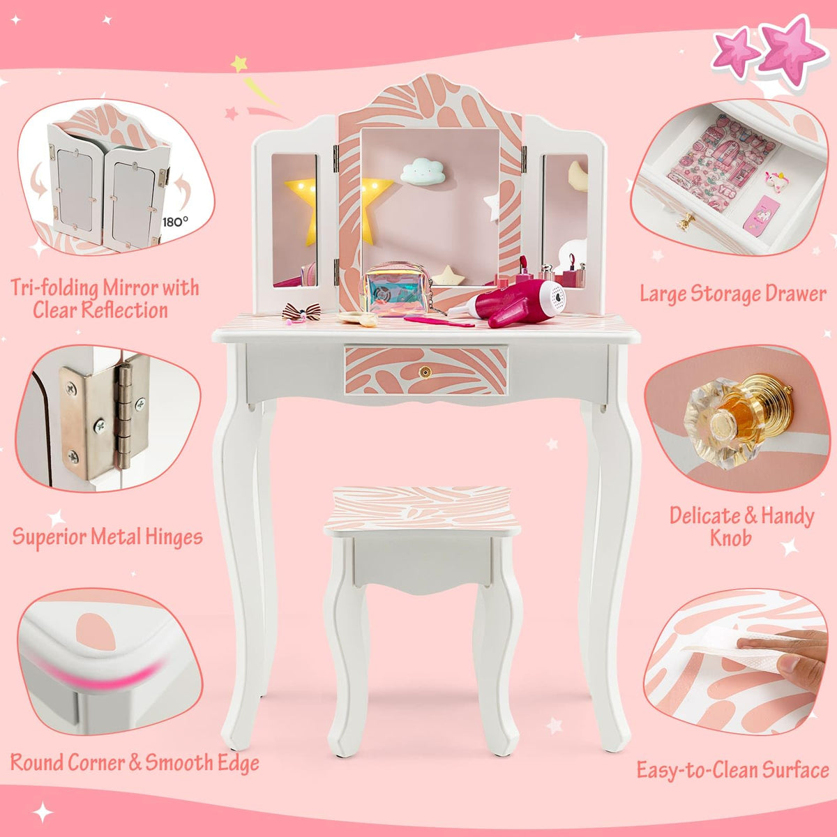 Kids Vanity Set with Tri-folding Mirror, Drawer and Stool