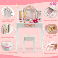 Kids Vanity Set with Tri-folding Mirror, Drawer and Stool