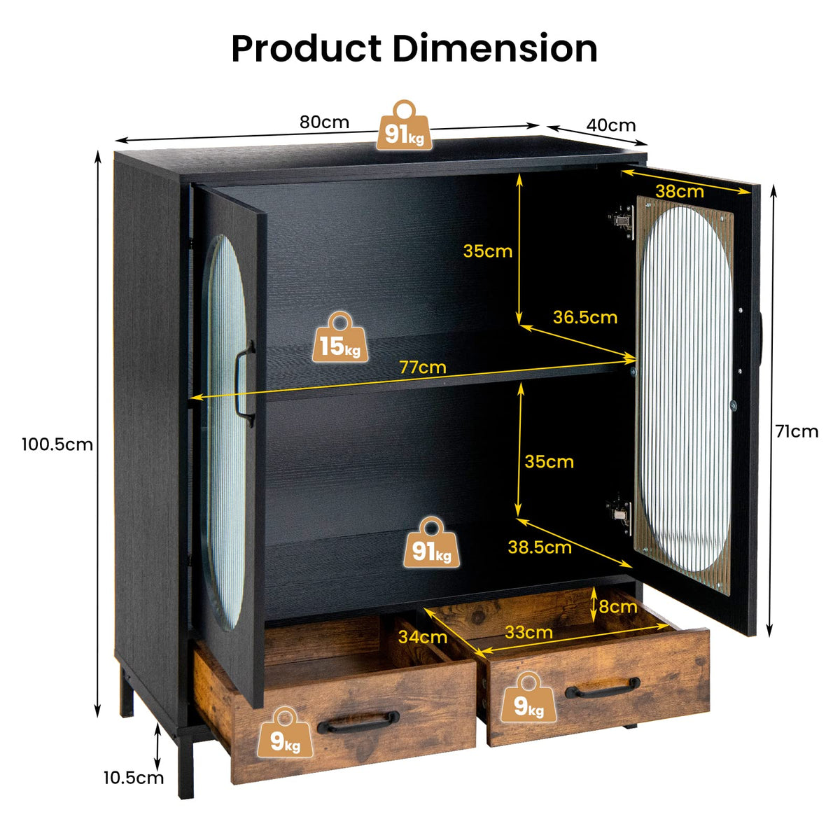 Industrial Buffet Sideboard, Floor Coffee Bar Cabinet w/Tempered Glass Doors & 2 Pull-Out Drawers