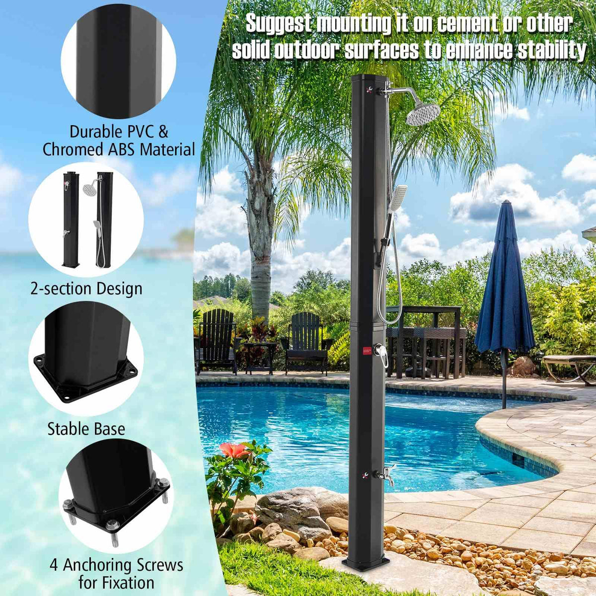 35 L Solar Heated Outdoor Shower with 360 Swivel Shower Head