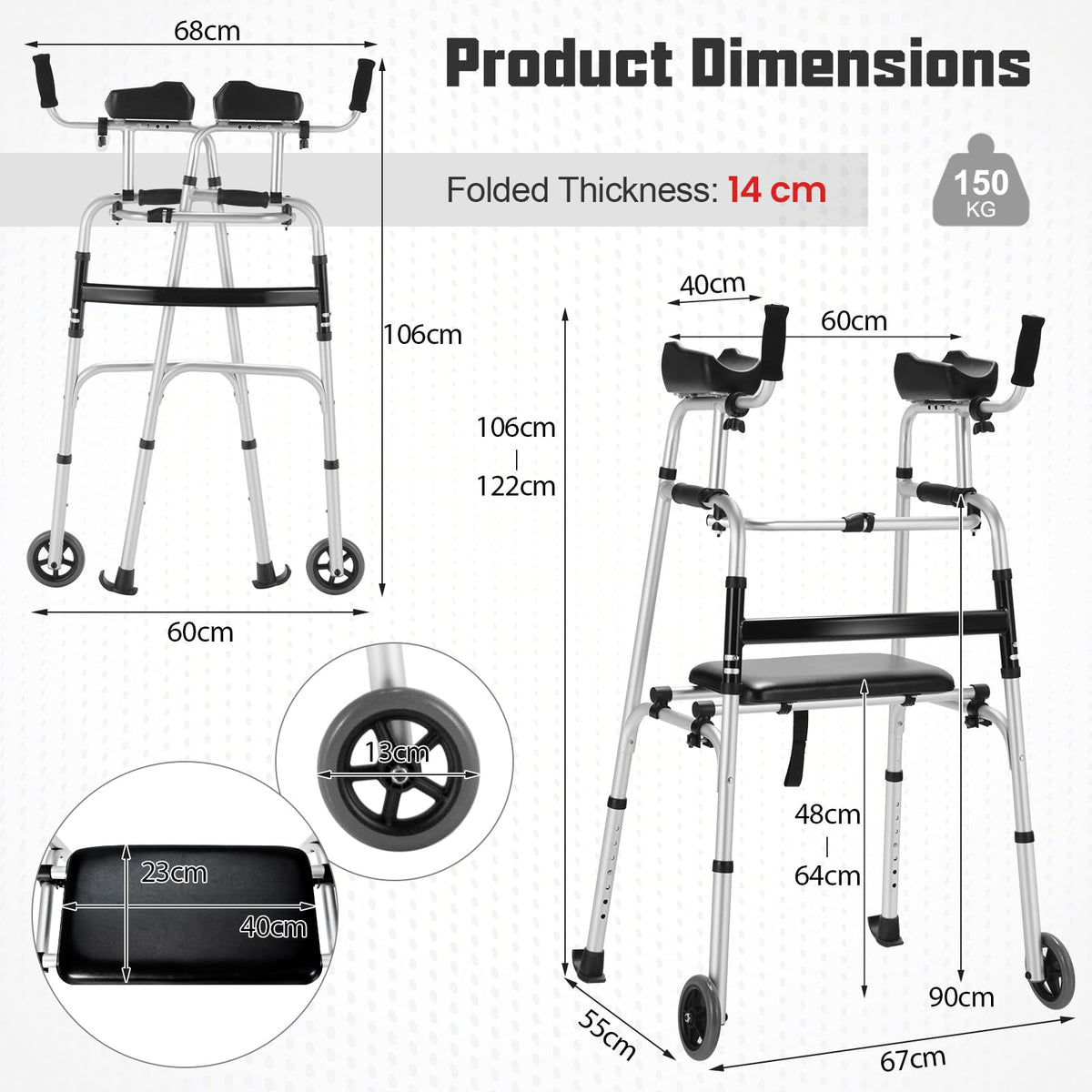 Folding Upright Walker with Seat Wheels and Removable Arm Support