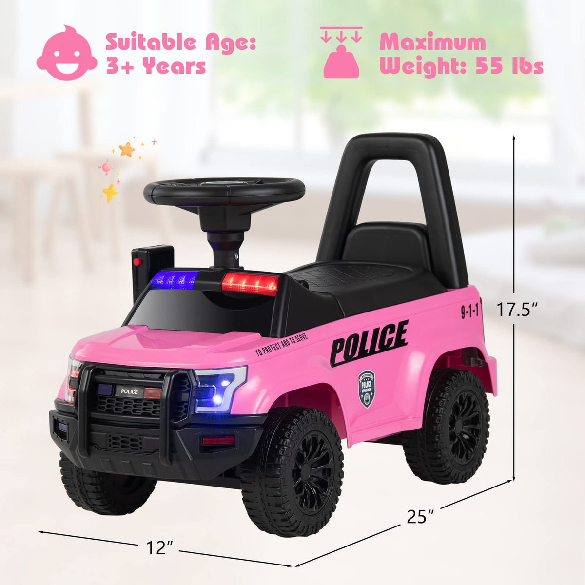 Ride On Push Police Car, Toddler Foot-to-Floor Sliding Toy with Siren