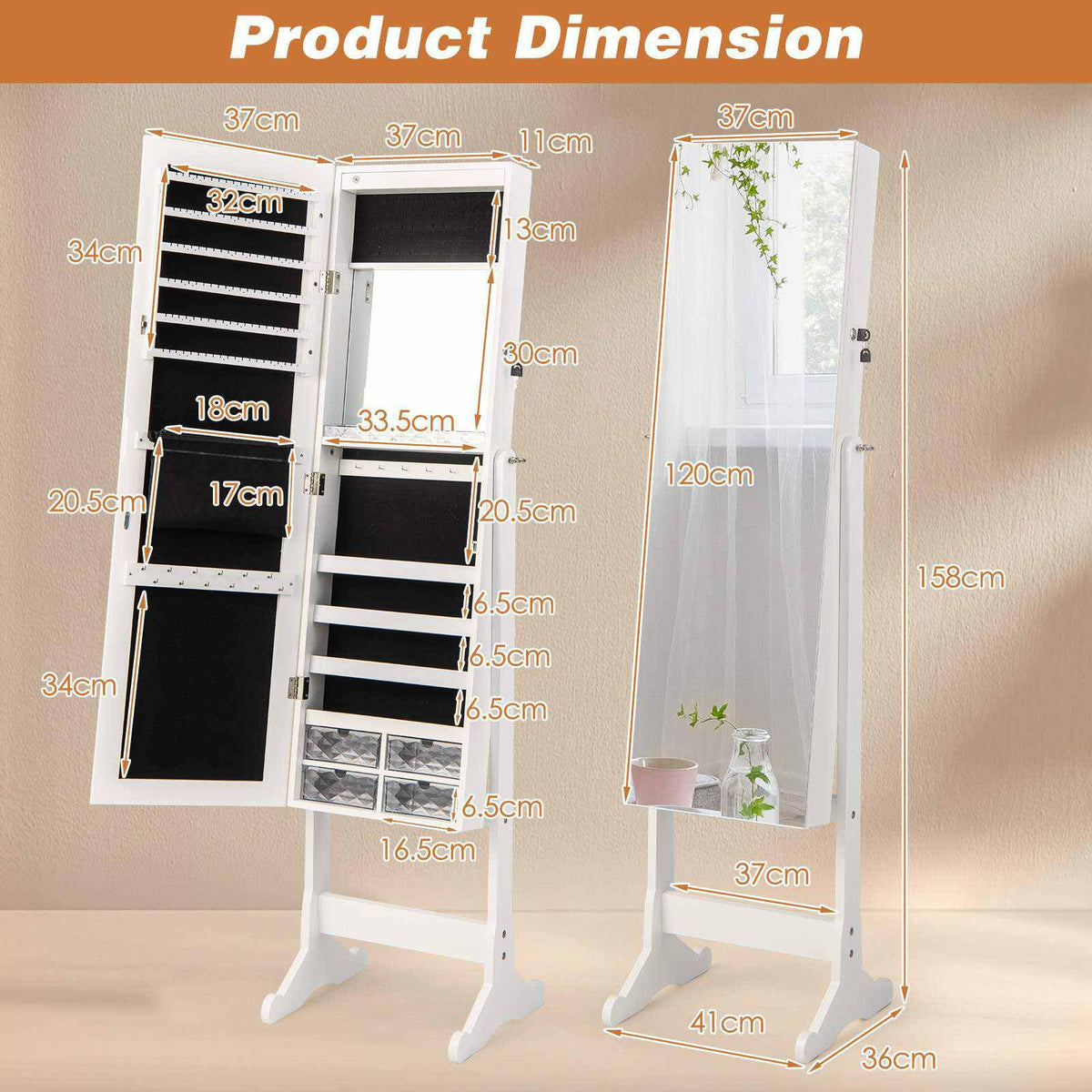 Jewelry Armoire Storage Organizer Lockable Jewelry Cabinet Full-length Mirror