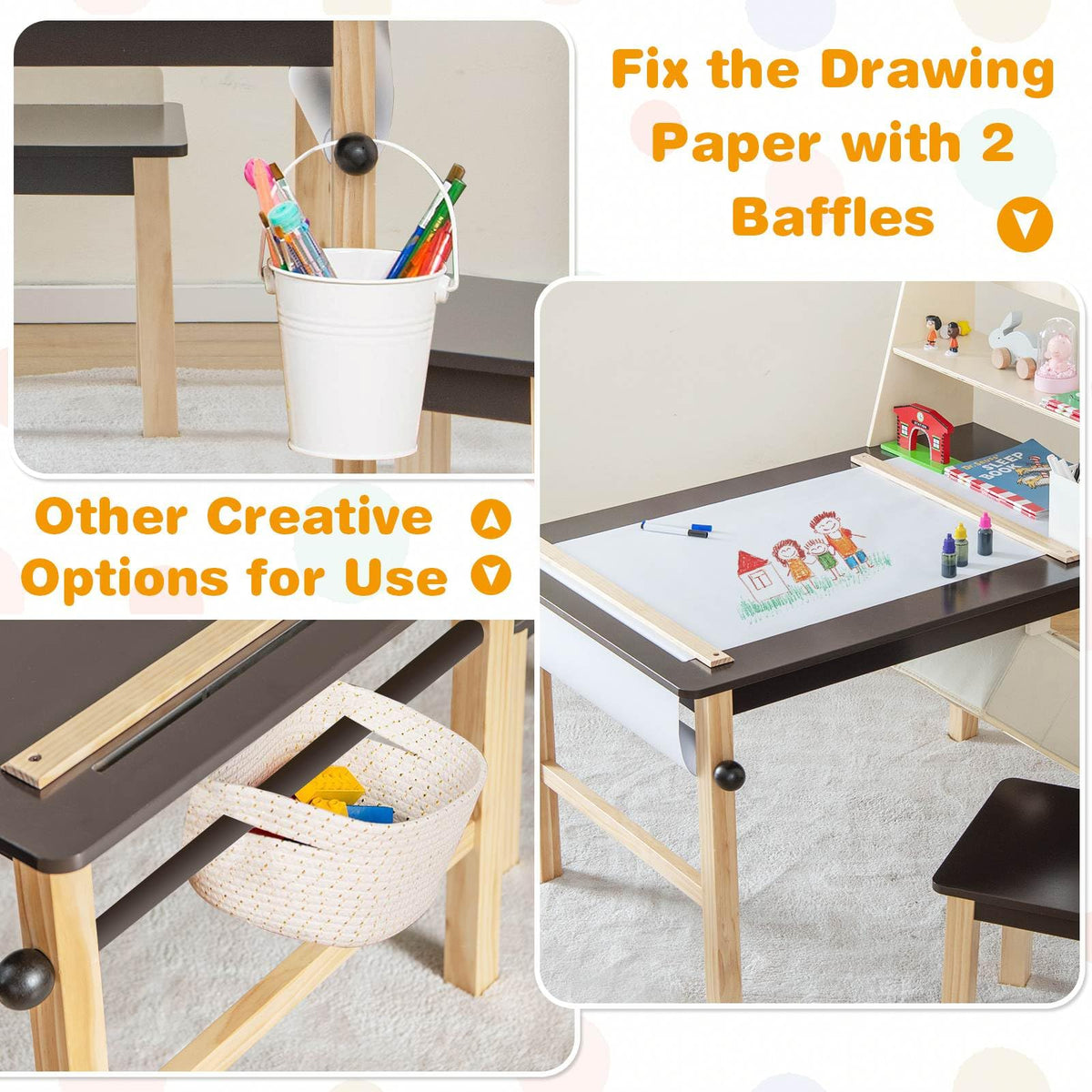 Kid's Wooden Art Table and 2 Chairs Set wiht 2-Tier Open Shelf