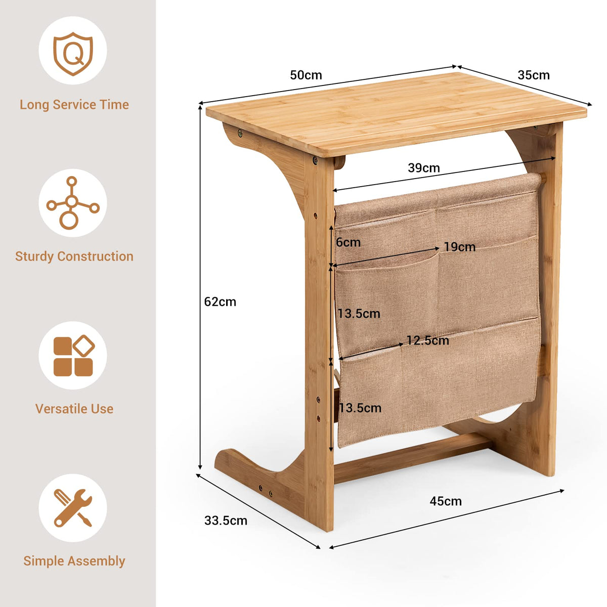 C-Shaped Sofa End Table Laptop Desk with Storage Bags for Small Space Living Room