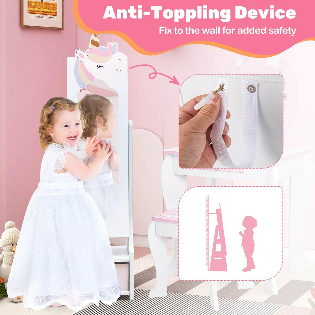 Kids Jewelry Cabinet with Full-Length Mirror and Foldable Drawer