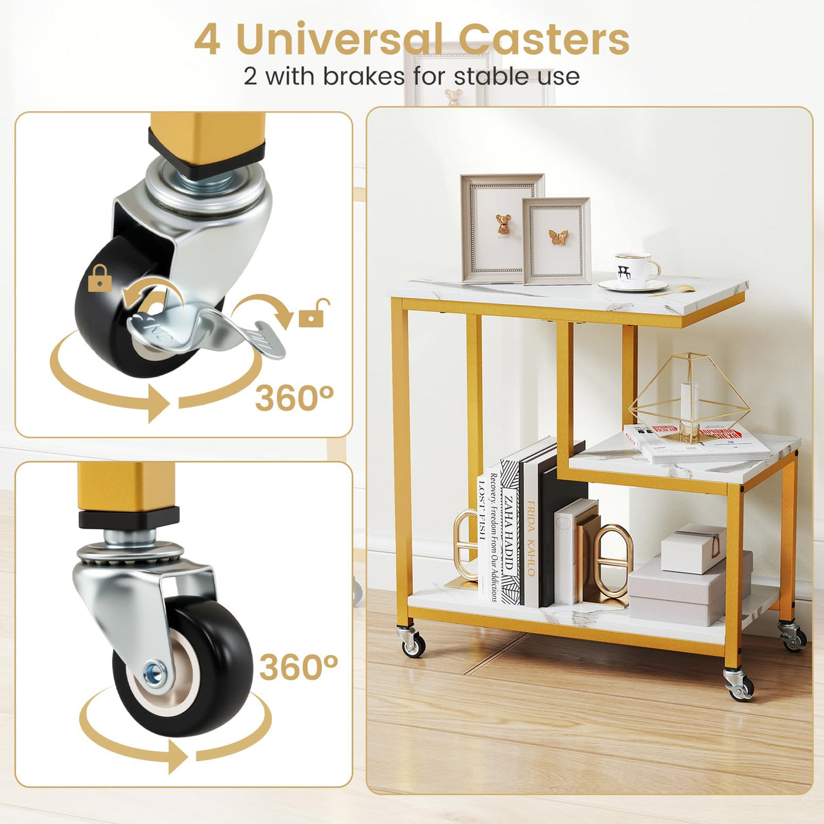 G-Shaped Side Table, 3-Tier Mobile End Table with Open Shelves