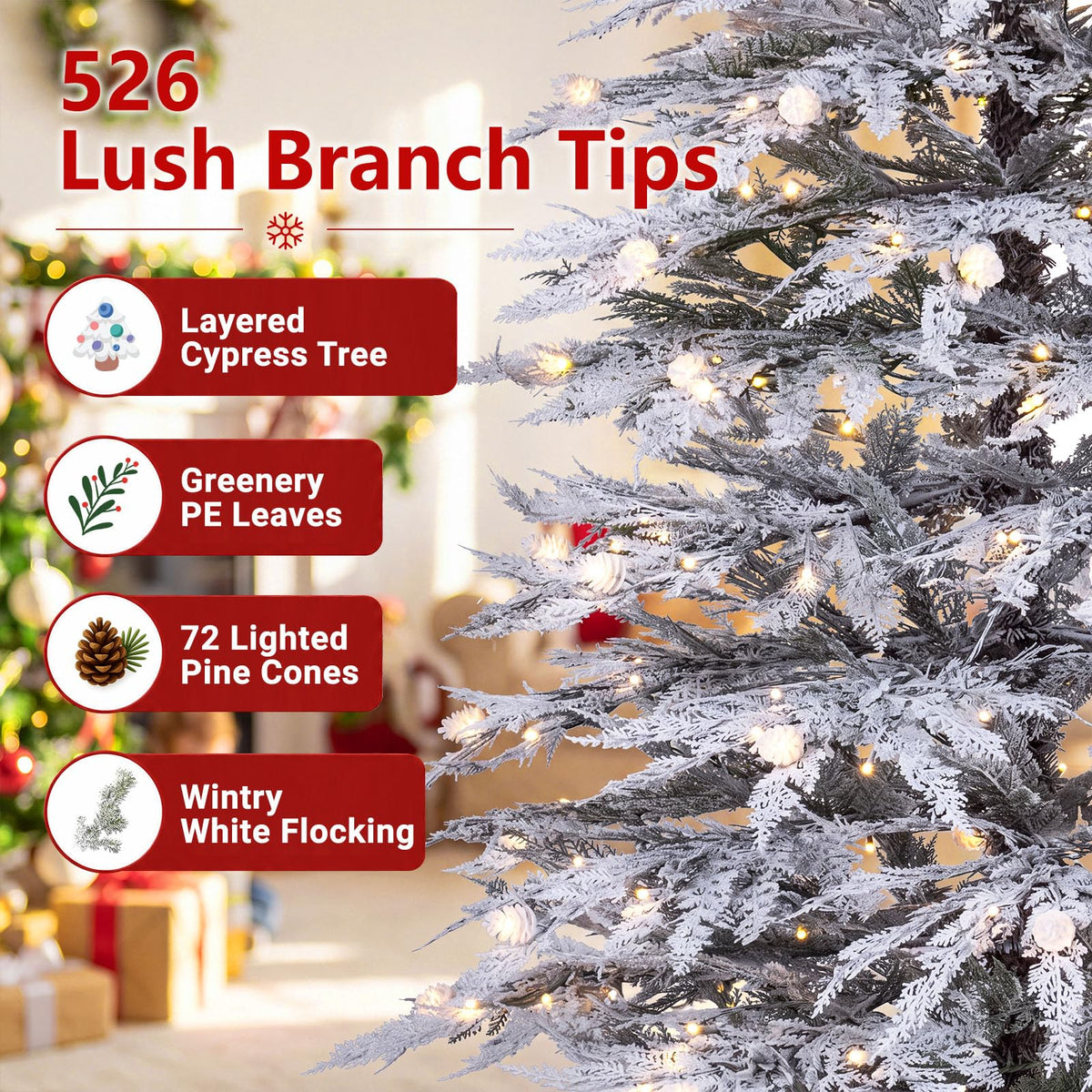 180/210cm Flocked Cypress Christmas Tree, Pre-Lit, Hinged