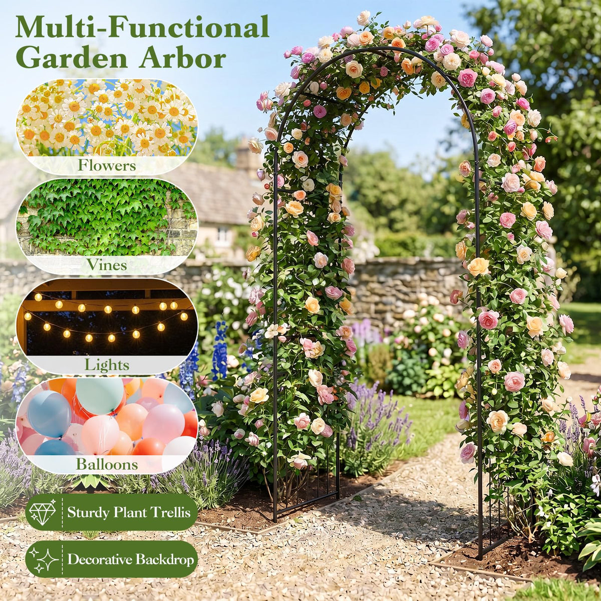 Garden Arch, 220cm Tall Heavy Duty Metal Arbor Trellis Archway for Climbing Plants, Roses