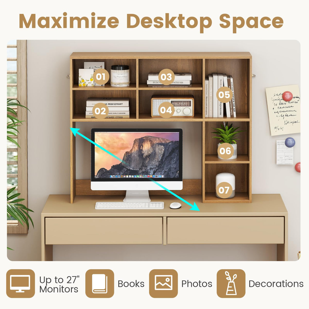 Desktop Bookshelf, Desk Hutch with 3 Adjustable Shelves & Open Compartment