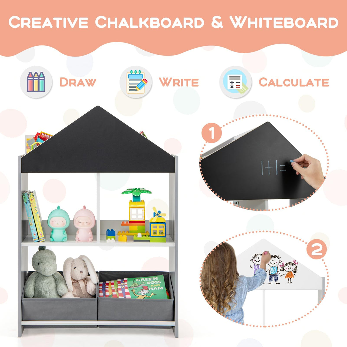 Playhouse Kids Bookshelf with Writable Chalkboard and Whiteboard