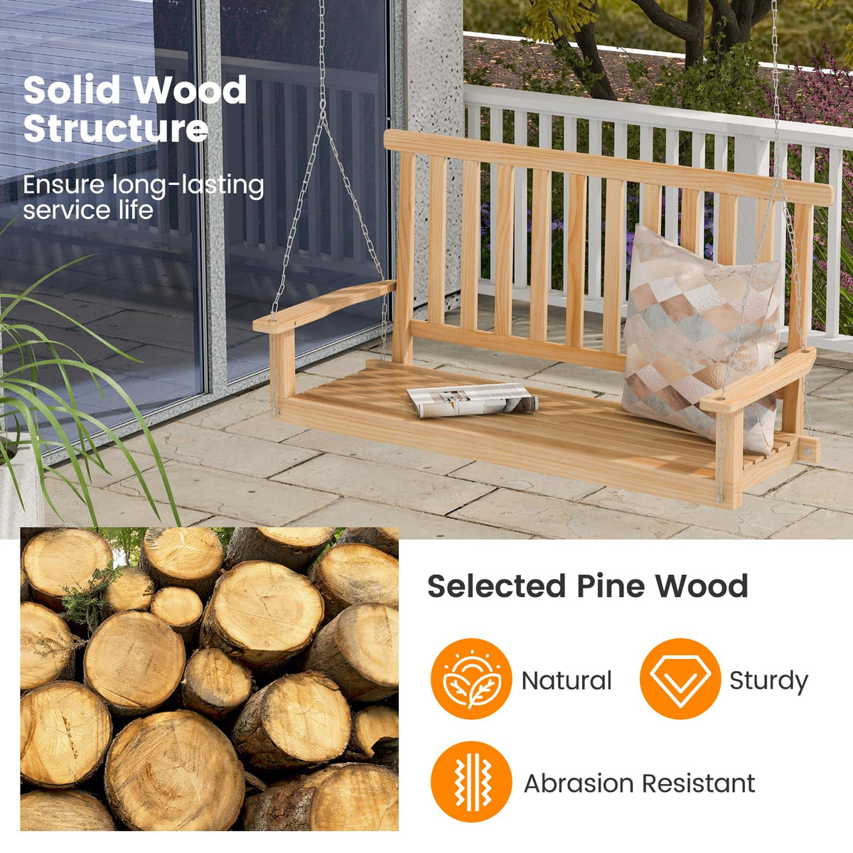 2-Seat Patio Swing Bench, Wood Hanging Porch Swing Chair W/ 2 Sturdy Hanging Ropes