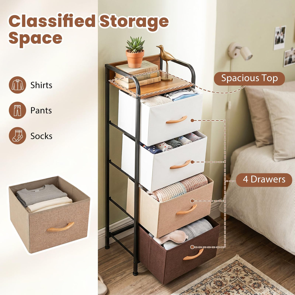 Giantex 4-Drawer Narrow Dresser with Removable Fabric Bins & Top Shelf