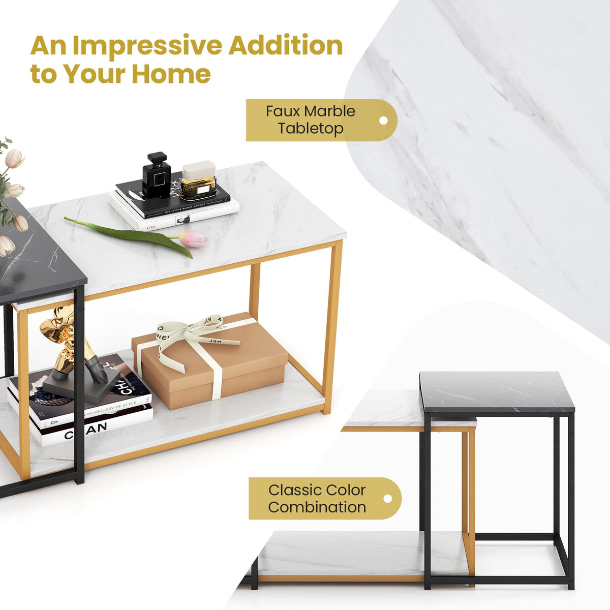 Giantex Nesting Coffee Table Set of 3, 3-Piece End Table with Faux Marble Top