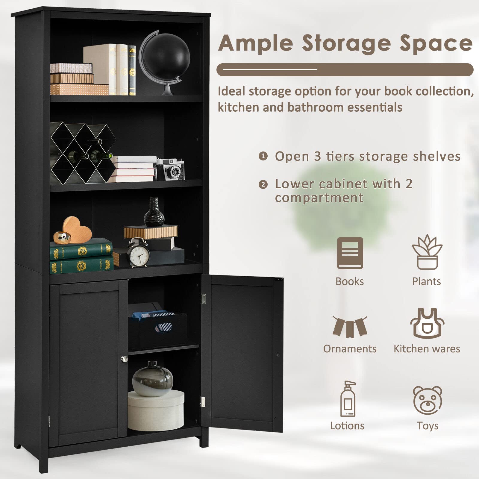 Giantex 182CM Bookcase with Doors, 3 Tier Open Book Shelving