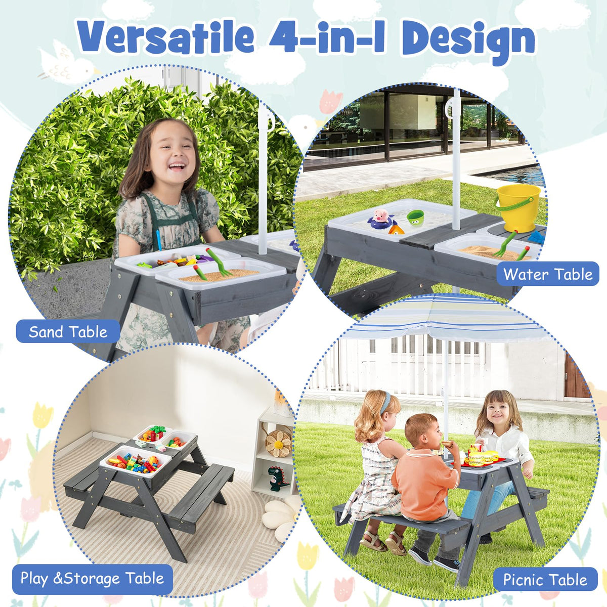 Kids 4-in-1 Sand and Water Table with Removable Boxes and Umbrella