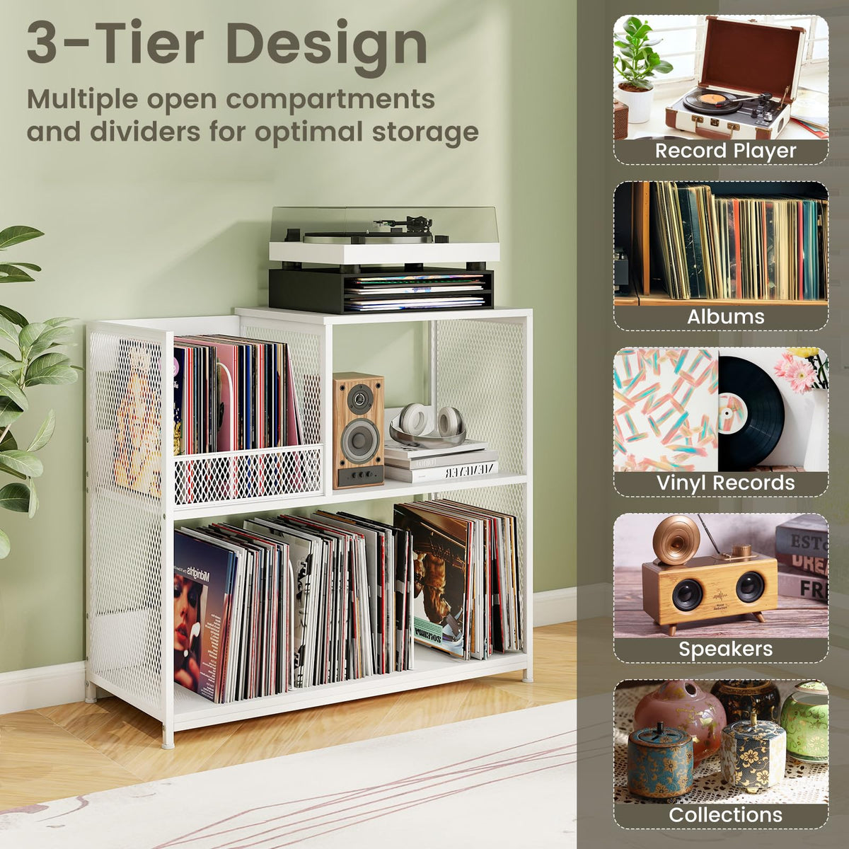 3-Tier Record Player Stand Turnable Vinyl End Table w/ 3 Removable Dividers