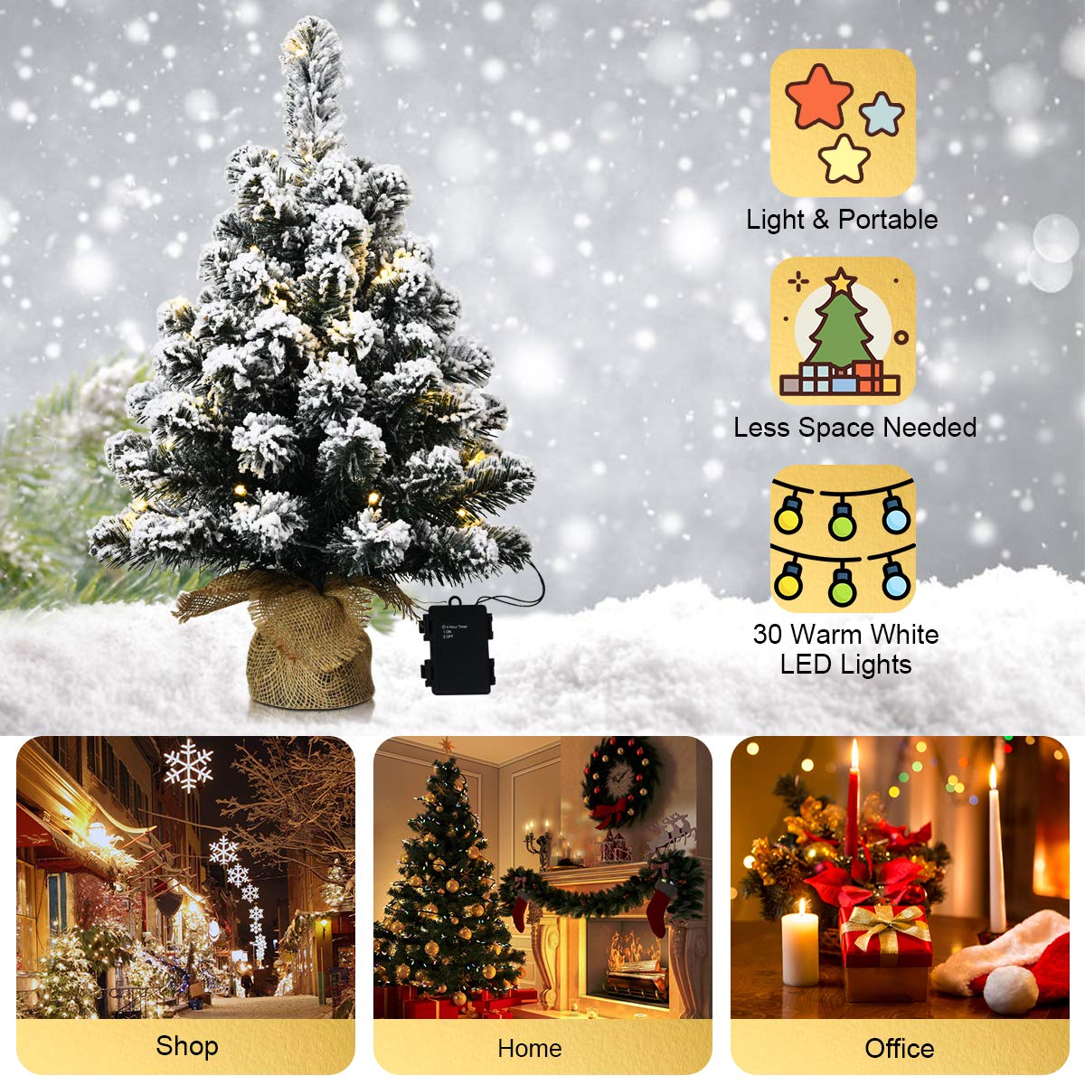 67cm Pre-Lit Snow Flocked Tabletop Christmas Tree with 8 Flash Modes