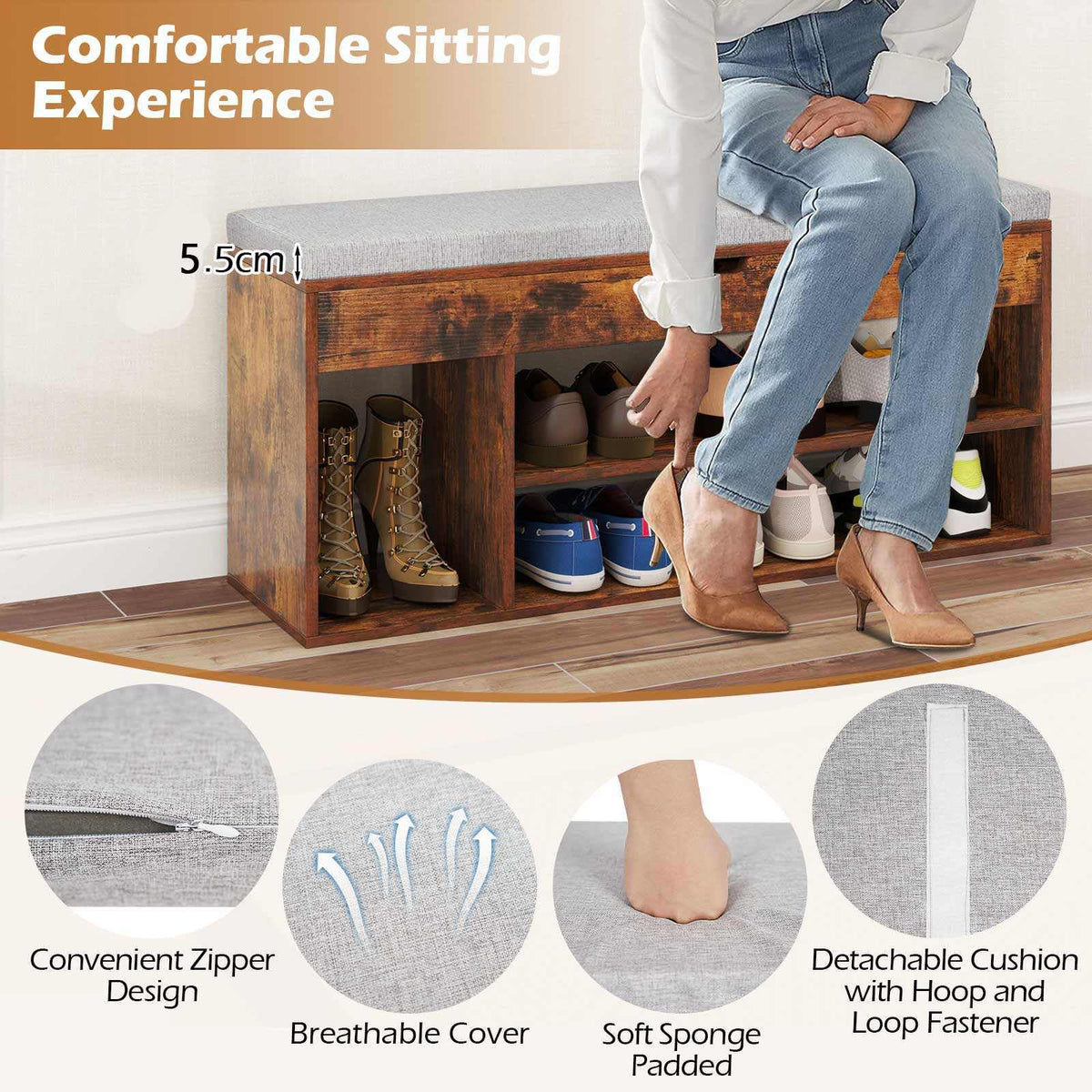 Shoe Bench w/Padded Seat, Shoes Rack w/Hidden Storage