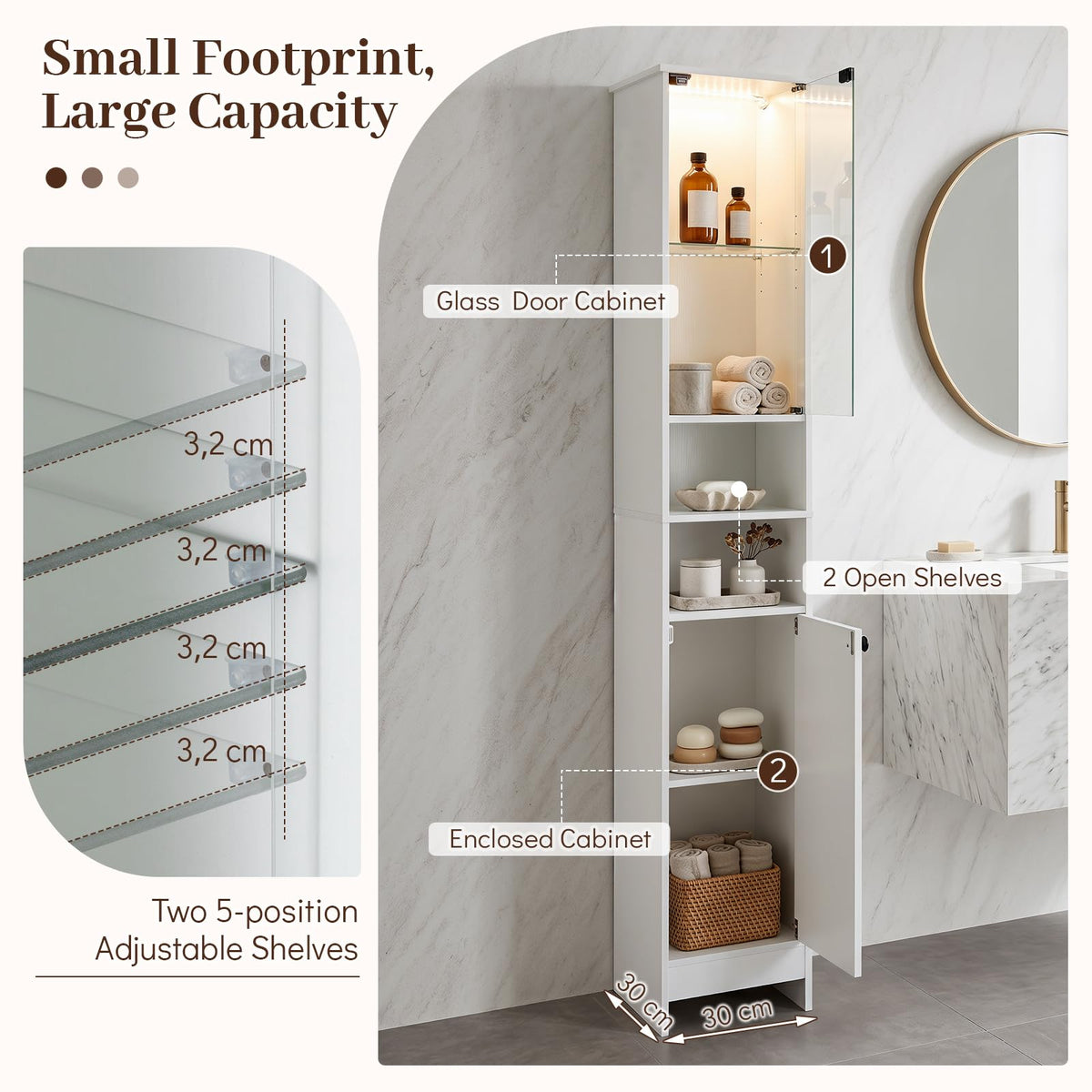 Tall Bathroom Cabinet with Lights & Press-to-Open Door