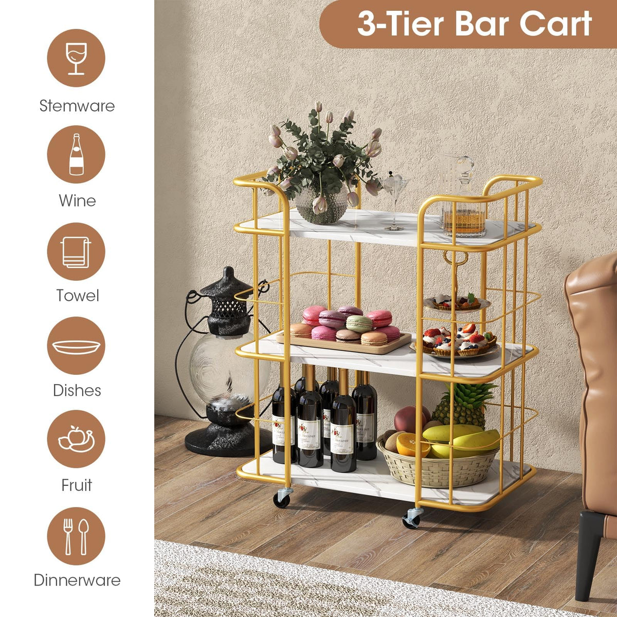Giantex Gold Bar Cart, Home Island Service Cart, 3 Tier Storage Shelves