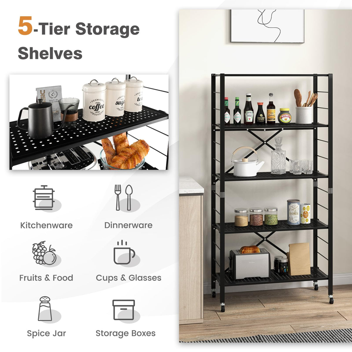 Giantex Folding Storage Shelves, 5-Tier Metal Collapsible Shelves with Wheels