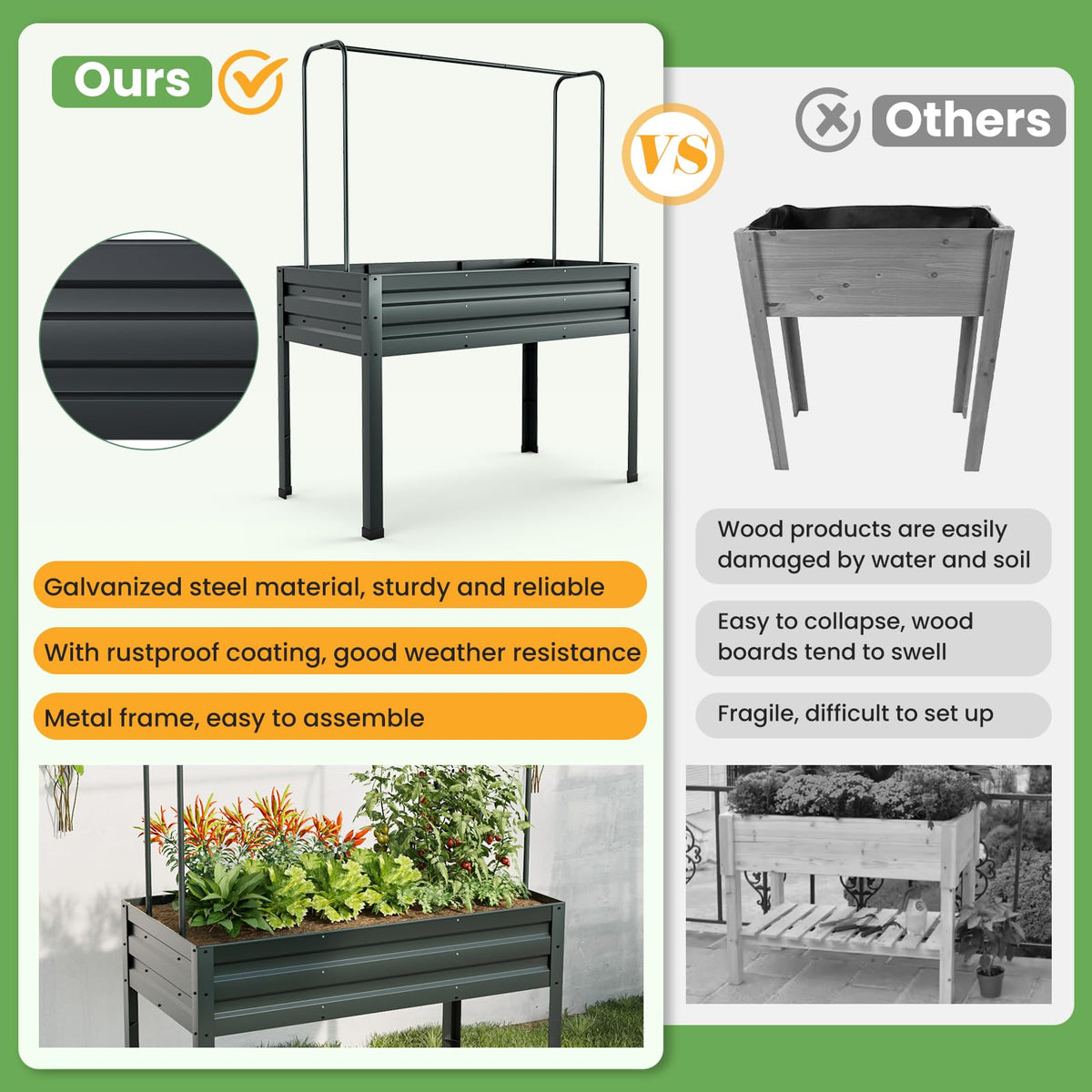 3-in-1 Raised Garden Bed with Greenhouse Cover and Trellis for Flower Herb Vegetable